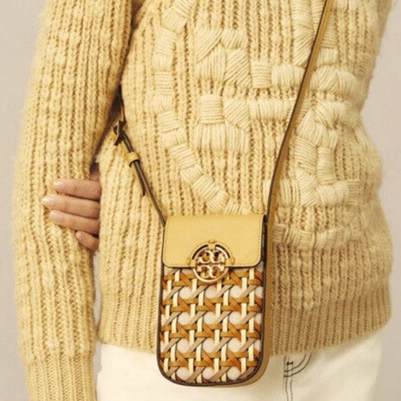Tory Burch Miller Basketweave Phone Crossbody Cross Body Handbags Cornbread NWT - Picture 2 of 5